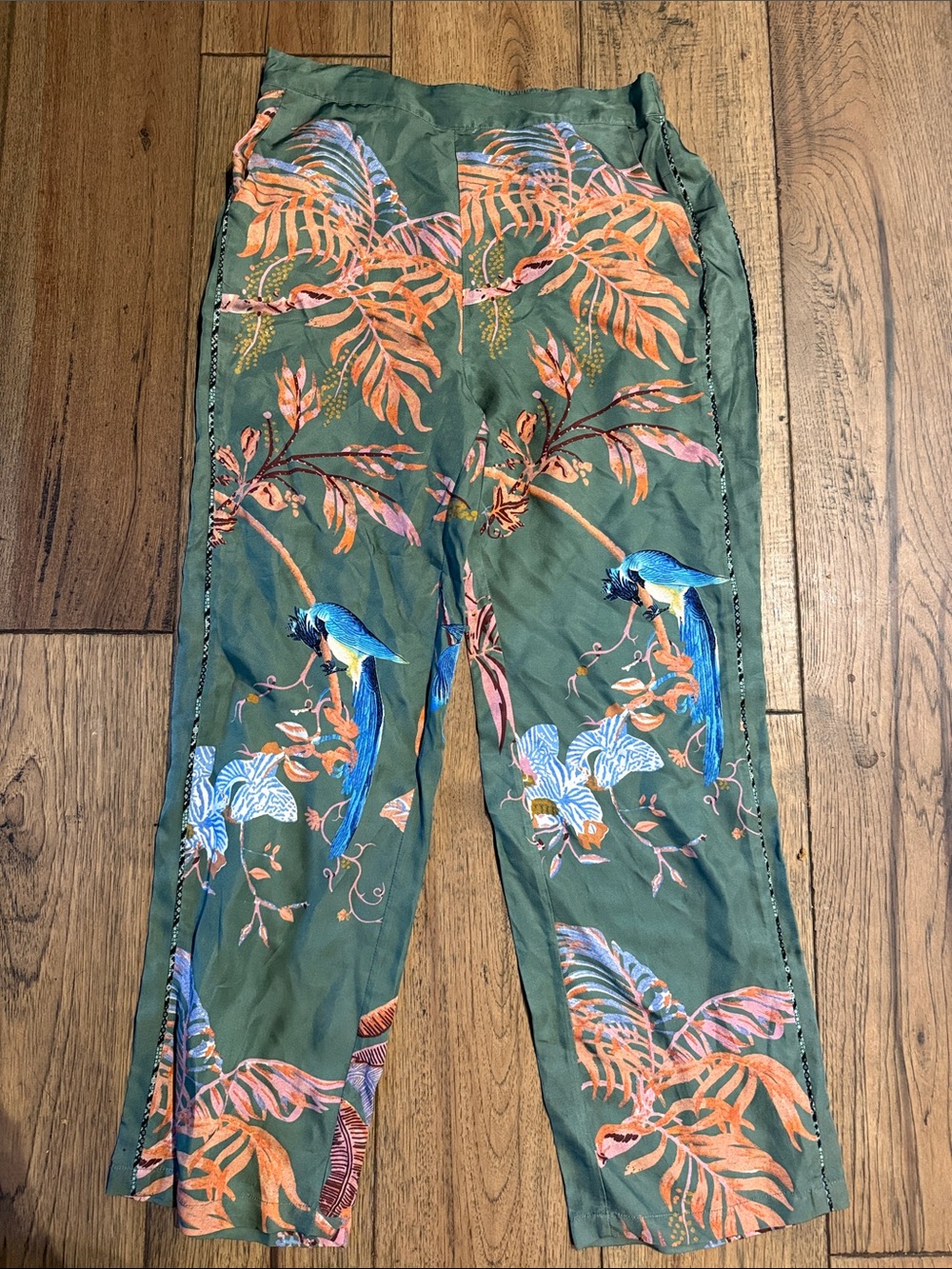 Women's Green Tropical-Print Chinos